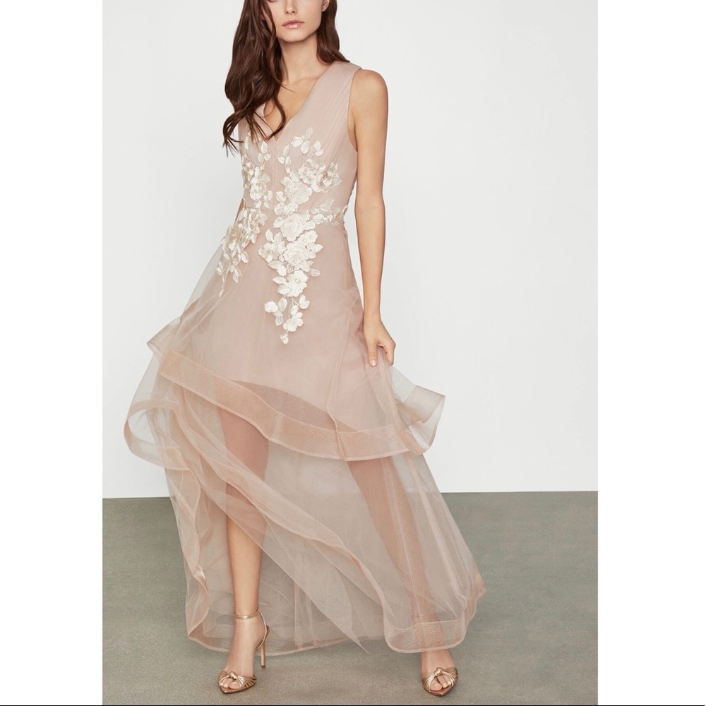 BCBGMaxAzria Metallic Lace Applique Gown Size 8 Bare Pink